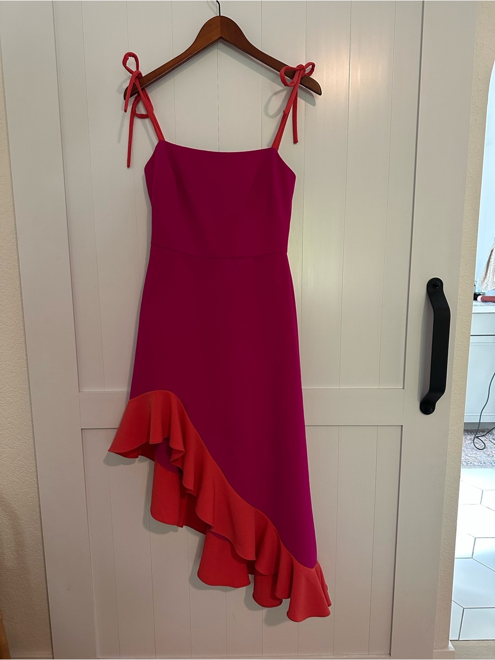 Christian Siriano Magenta Dress with Coral Ruffle Tie-Strap Midi